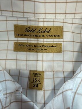 Roundtree & Yorke White Shirt with Tan Windowpane